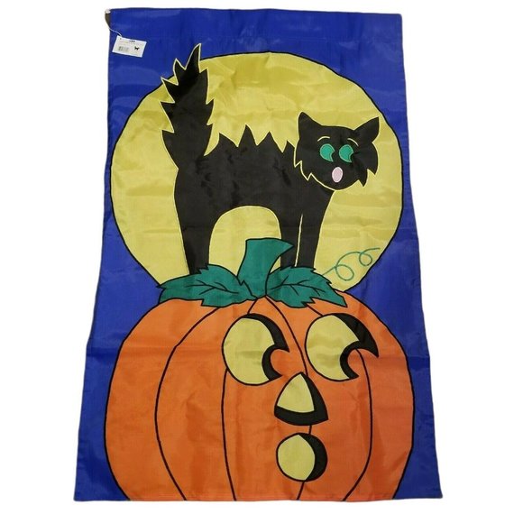 Vintage HALLOWEEN Jack O Lantern BLACK CAT Full Moon Garden Flag NWT House Decor - Picture 1 of 12